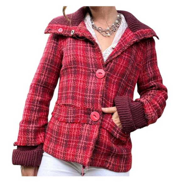 Free People Pink Red Plaid Wool Blend Tweed Knit Preppy Outdoor Winter Jacket M - Picture 1 of 15